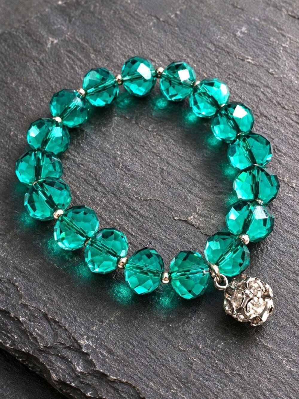 Faceted Teal Green Crystal Beaded Stretch Bracelet Rhinestone Charm Jewelry